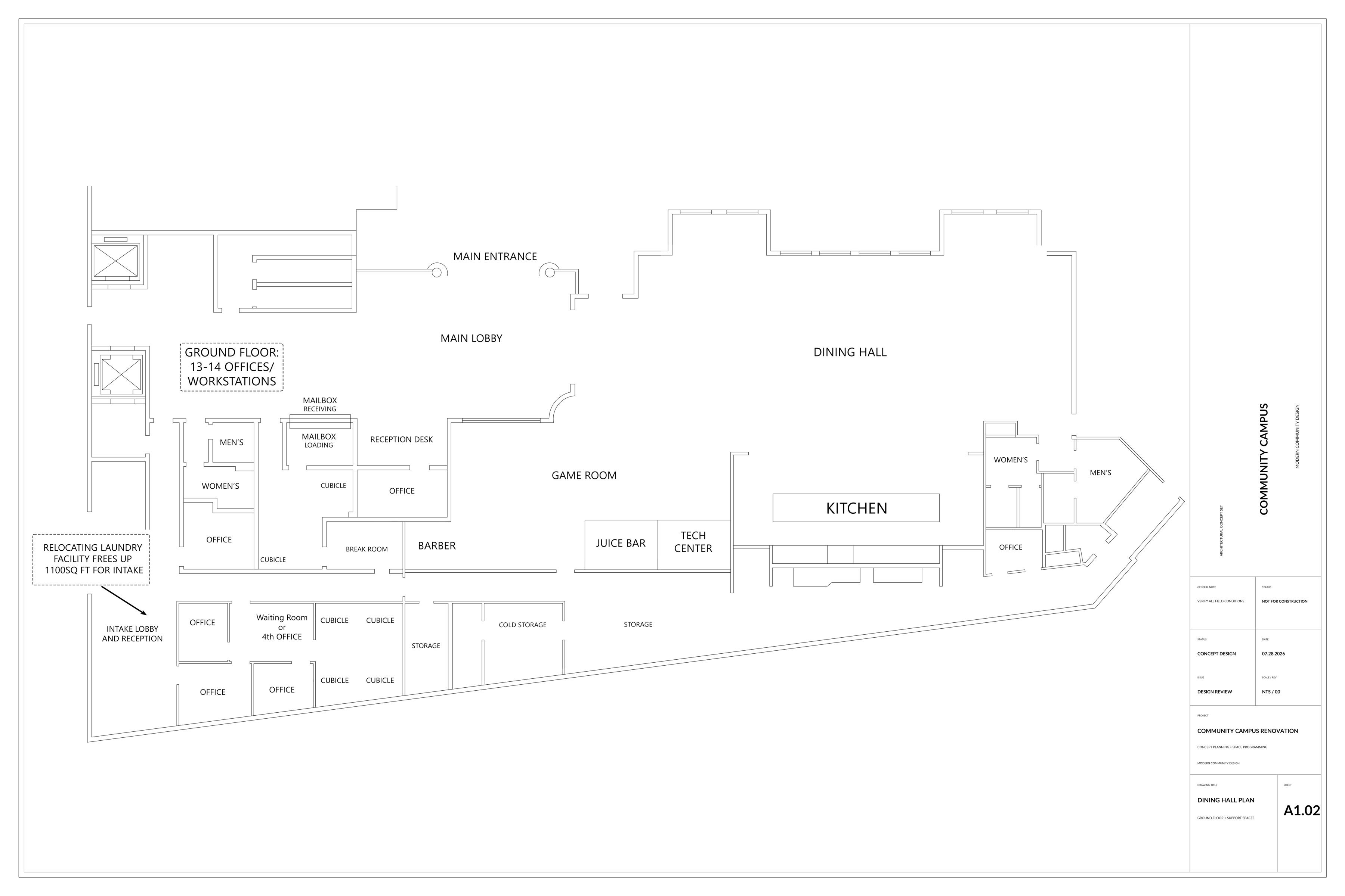 Ground Level concept floor plan showing intake, offices, game room, technology center, and dining hall