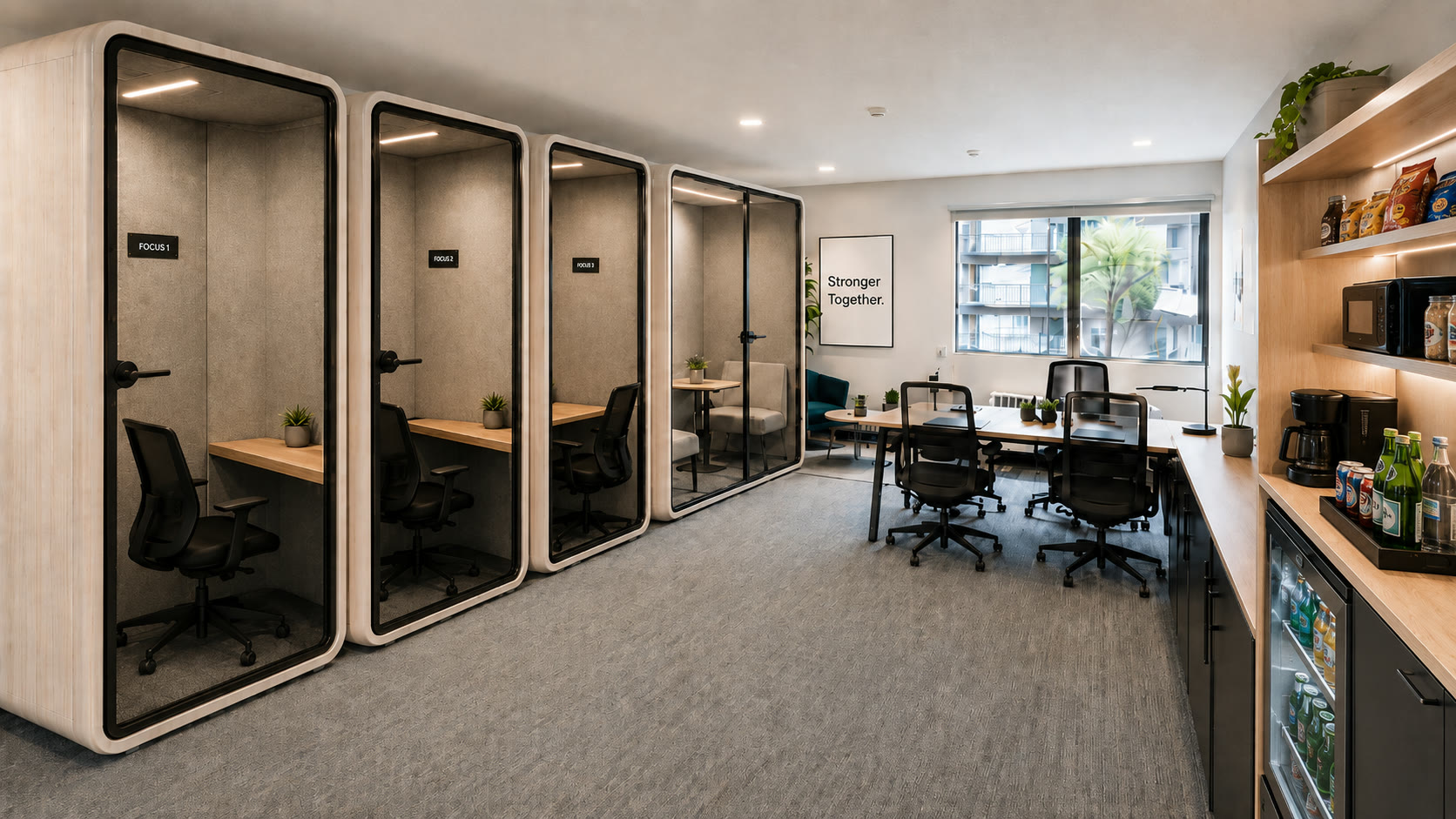 Private office focus pods and shared workspace